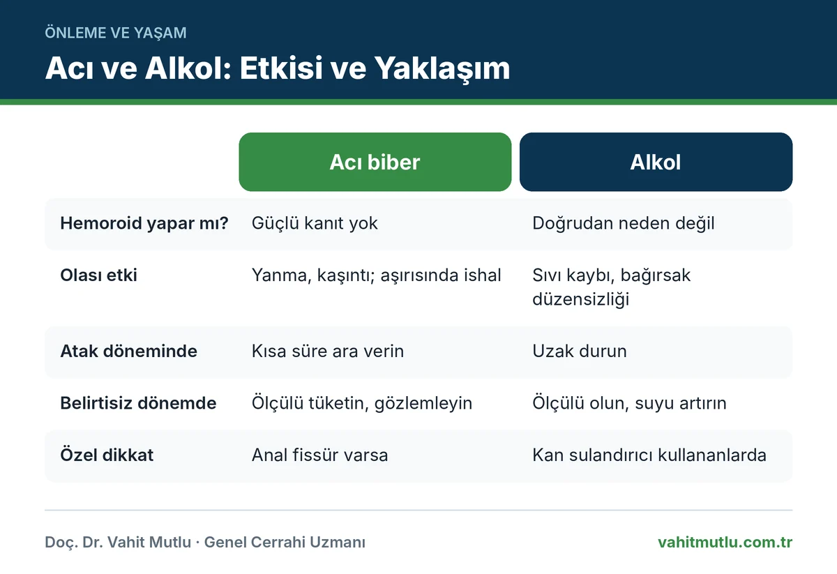 Acı baharat hemoroid ilişkisini ve alkolün etkisini atak dönemi ile belirtisiz dönem yaklaşımlarıyla karşılaştıran tablo