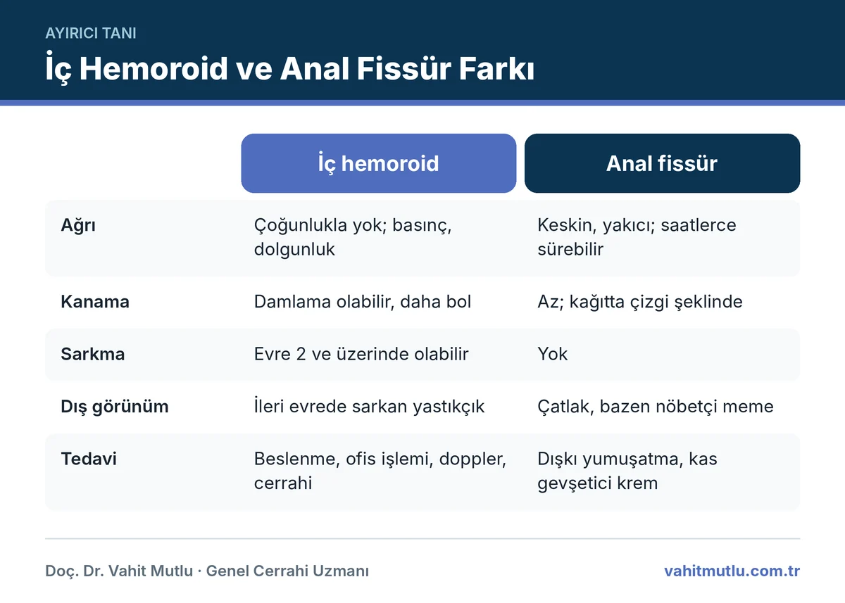Hemoroid mi fissür mü karşılaştırması: ağrı, kanama miktarı, sarkma, dışarıdan görünüm ve tedavi yaklaşımı