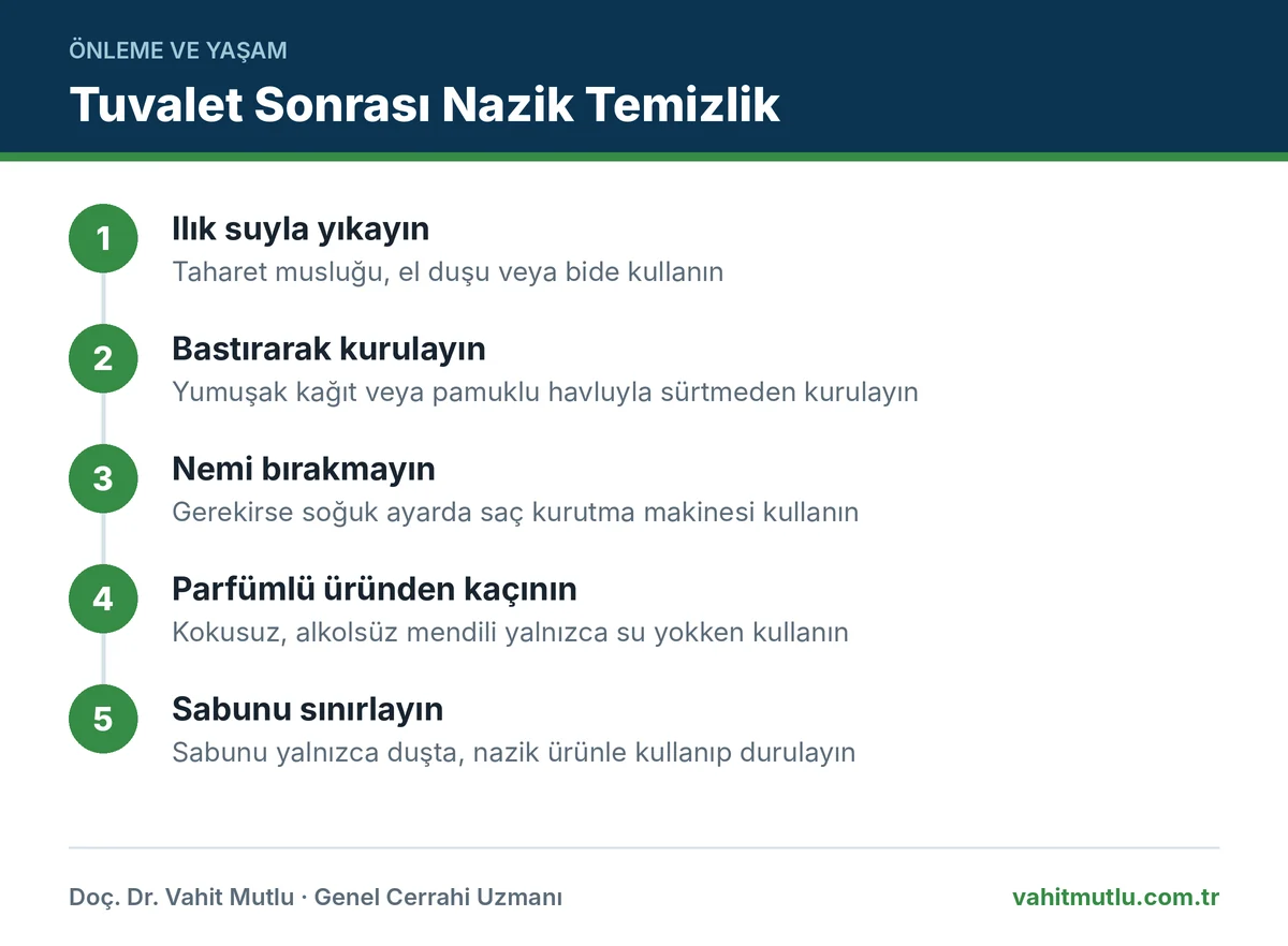 Hemoroid hijyen adımları: ılık suyla yıkama, bastırarak kurulama, nemi bırakmama ve parfümlü üründen kaçınma