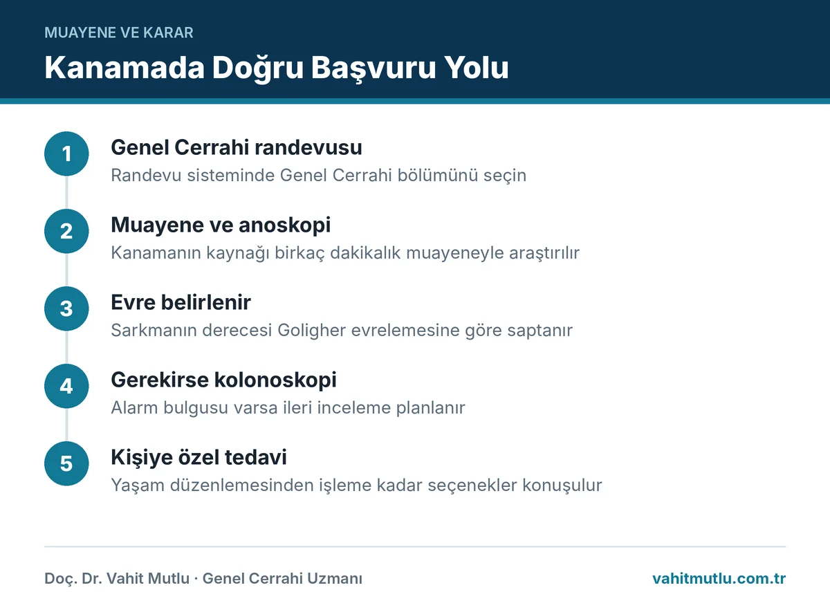Hemoroid hangi doktora gidilir akışı: genel cerrahi randevusu, muayene ve anoskopi, evreleme, gerekirse kolonoskopi