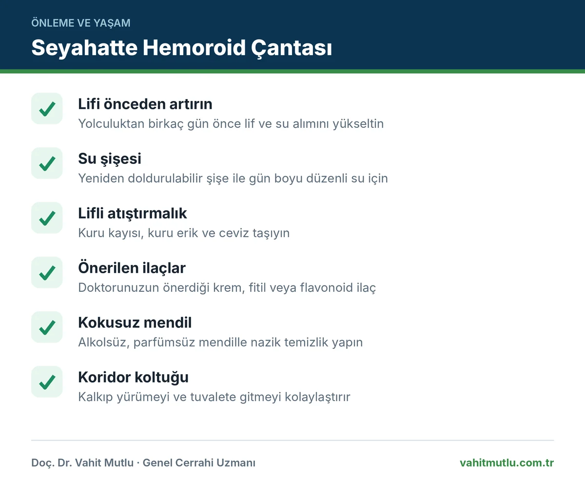 Seyahatte hemoroid kanamasını azaltmak için hazırlık listesi: lif, su şişesi, ilaçlar, kokusuz mendil, koridor koltuğu