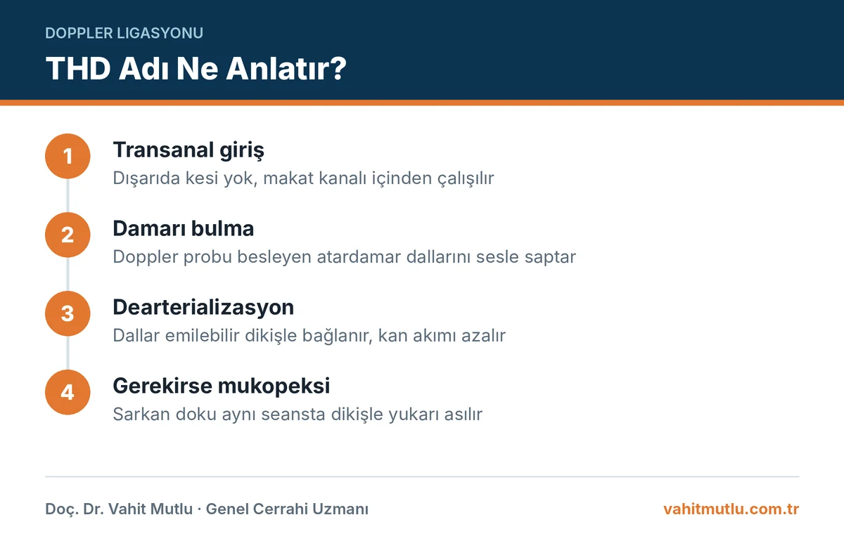 THD hemoroid tedavisinde transanal giriş, damarların Doppler ile bulunması, bağlanması ve gerekirse mukopeksi adımları