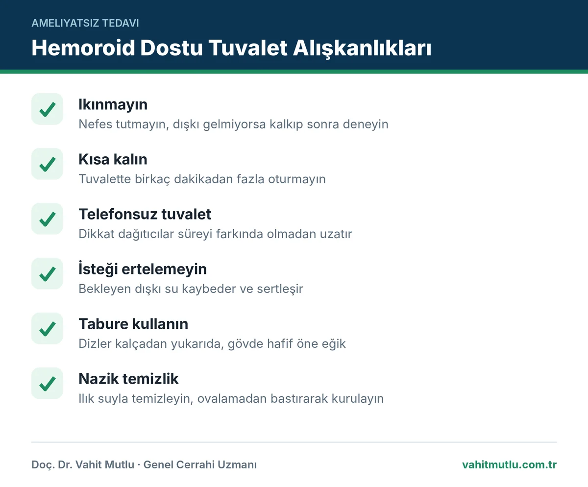 Tuvalet alışkanlıkları hemoroid kontrol listesi: ıkınmama, kısa süre, telefonsuz tuvalet, tabure ve nazik temizlik