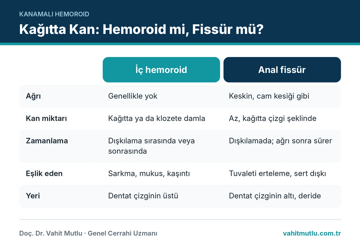 Tuvalet kağıdında kan görüldüğünde iç hemoroid ile anal fissürü ağrı, kan miktarı ve zamanlama açısından ayıran karşılaştırma