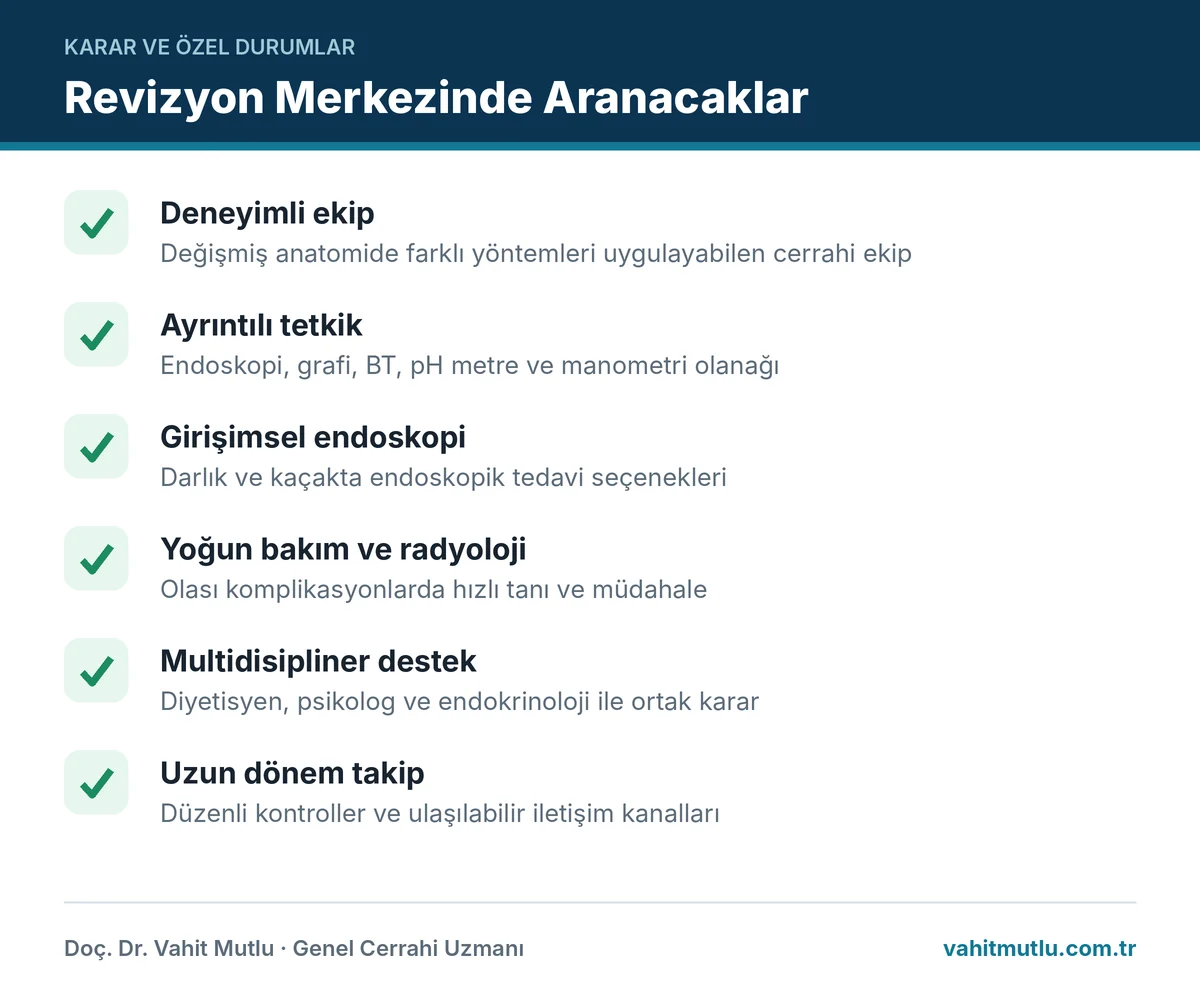 Revizyon cerrahisi merkez seçimi için değerlendirilecek olanakları gösteren kontrol listesi