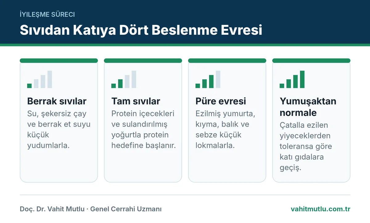 Revizyon sonrası beslenme evreleri: berrak sıvı, tam sıvı, püre ve yumuşaktan normale geçiş
