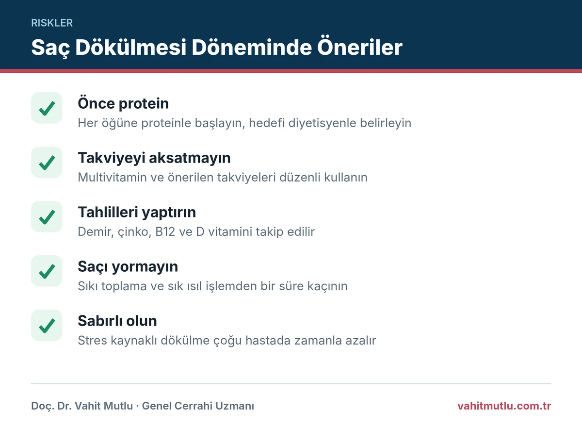 Revizyon sonrası saç dökülmesi döneminde protein, takviye ve tahlil takibine yönelik öneri listesi
