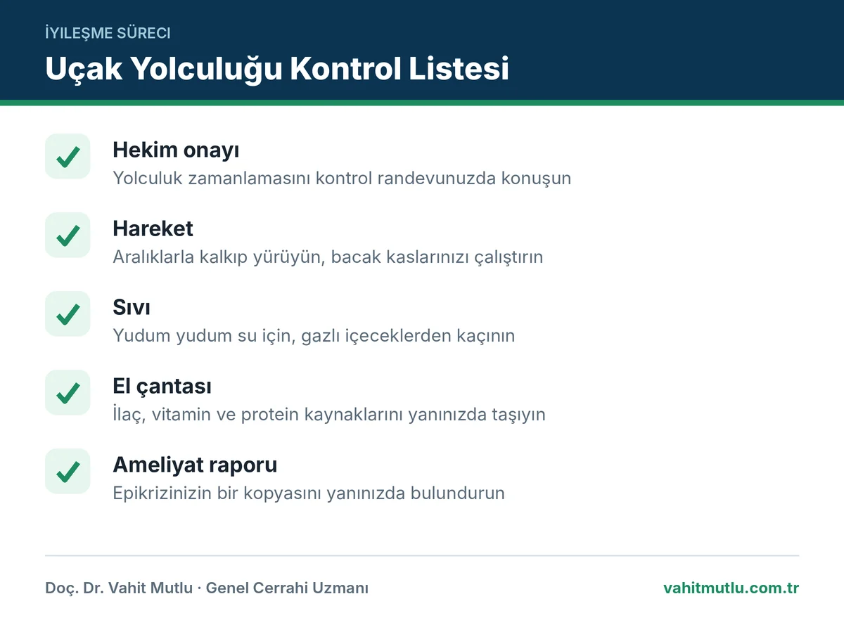 Revizyon sonrası seyahat ve uçak yolculuğunda hareket, sıvı, ilaç ve rapor için öneri listesi
